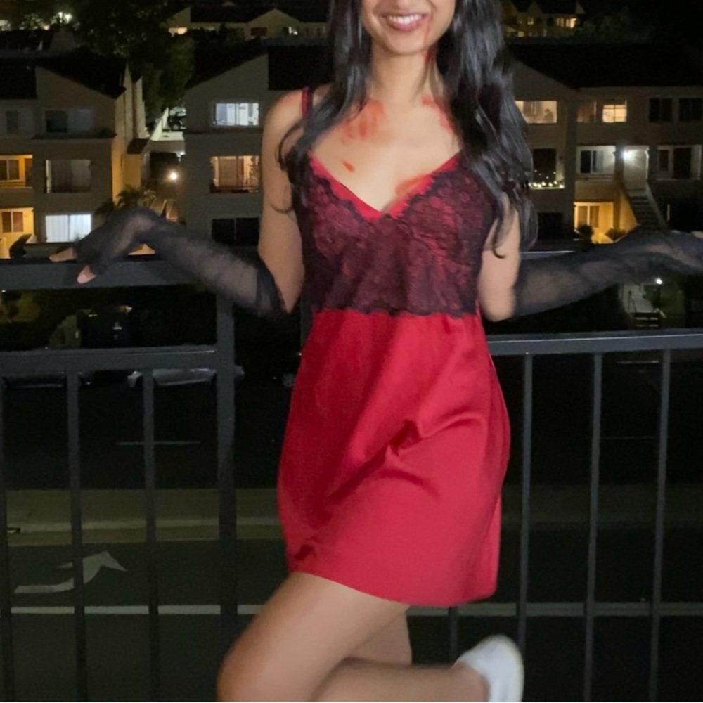 red & black lace slip dress